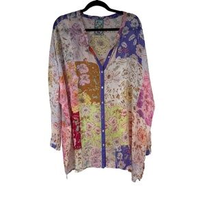 Johnny Was Blouse Womens Cosmo Lauren Patchwork Floral Print Sheer Boho Artistic